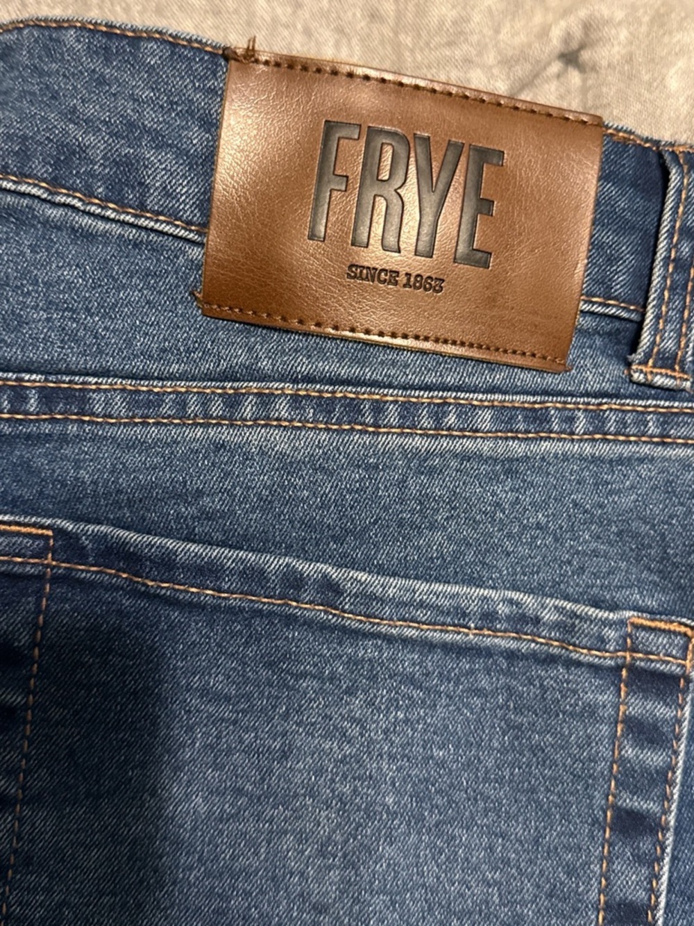 FRYE Blue Denim Jeans with Brown Leather Patch - size 10/30